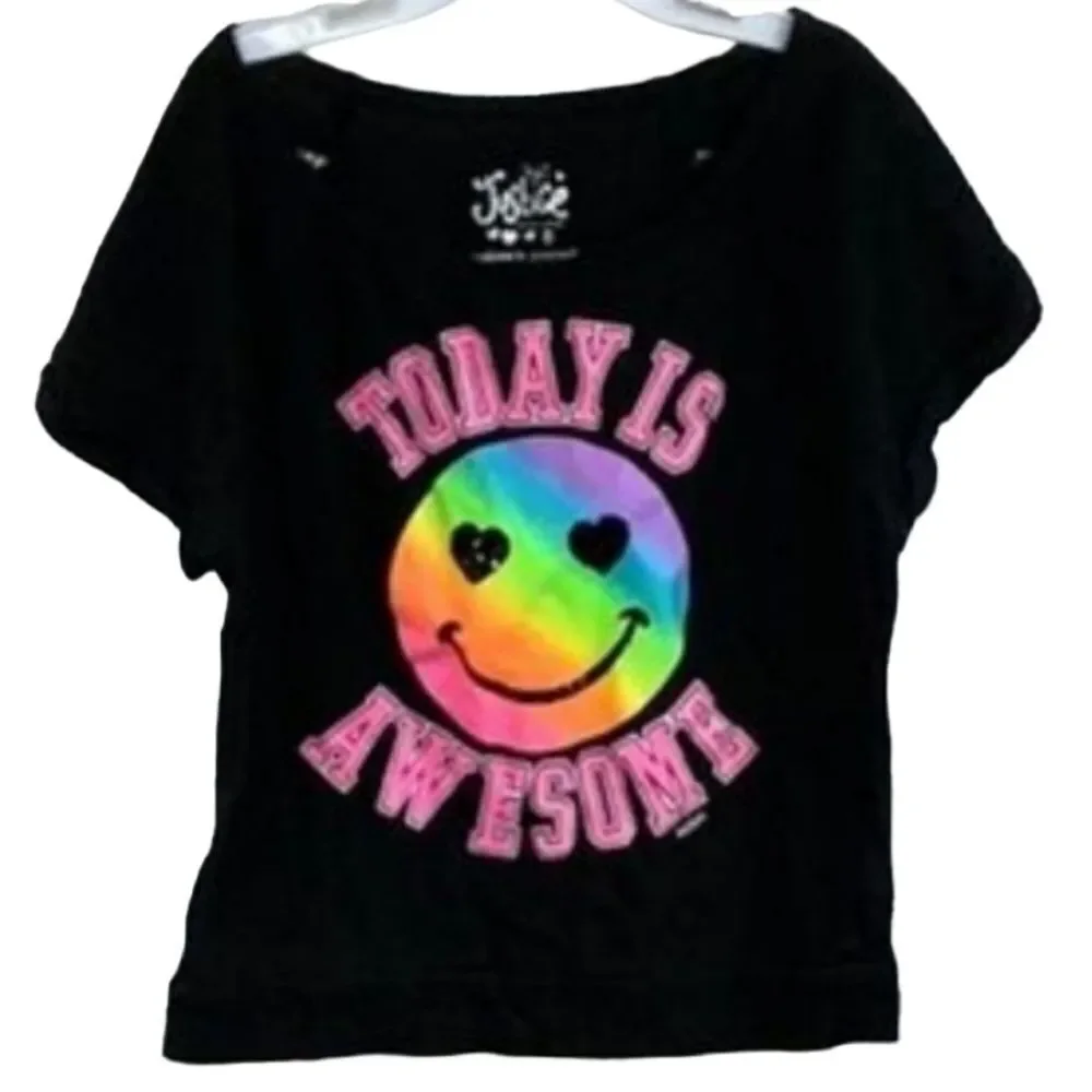 Justice Girls 8 Today Is Awesome Rainbow Smiley Sequin Black Graphic Tee Shirt